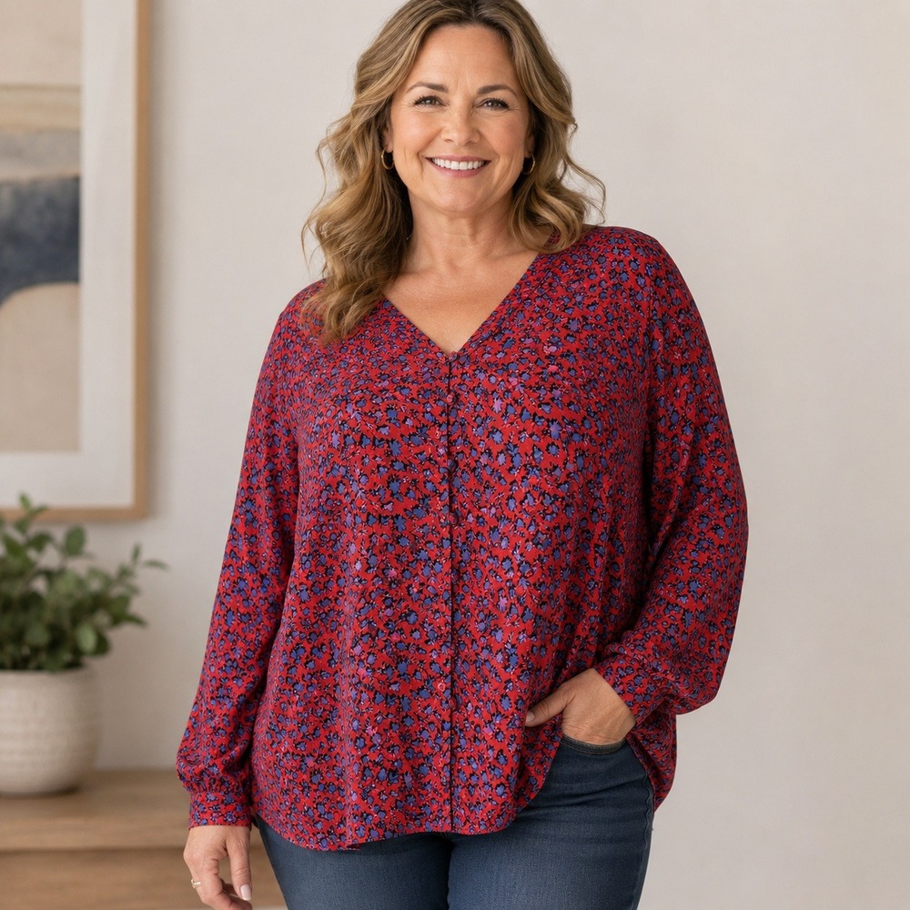 J. Jill Womens 2X Boho Lagenlook Red Floral Button Up Rayon Tunic Blouse